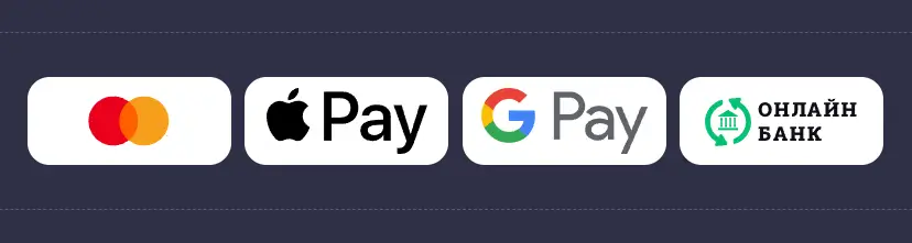 Платіжні методи казино SuperGra Логотипи платіжних систем Mastercard, Apple Pay, Google Pay та онлайн-банкінгу для внесення депозиту в SuperGra